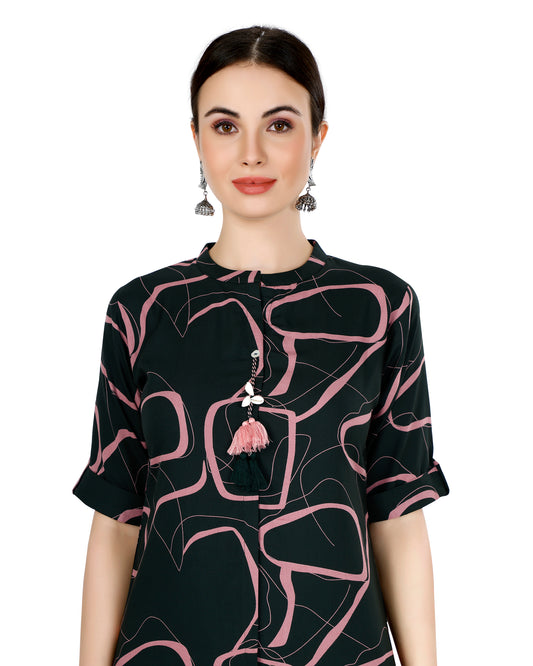 Dark Green Abstract Print Cotton Silk Kurta