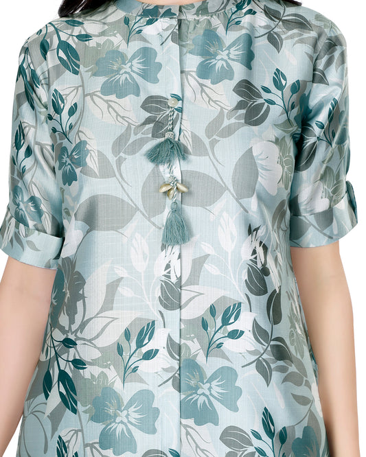 Blue Floral Printed Calf Length Kurta