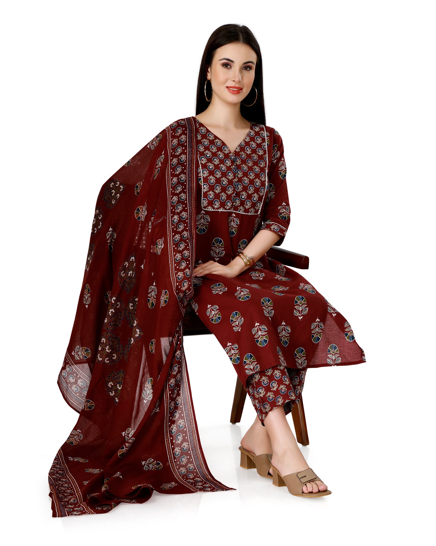 Maroon Ethnic Motif Printed V-Neck Kurta Set with Dupatta | Floral Design | Straight Fit Pants