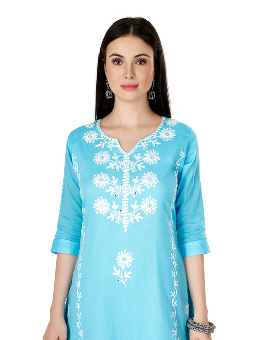 Floral Embroidered Chikankari Pure Cotton Kurta