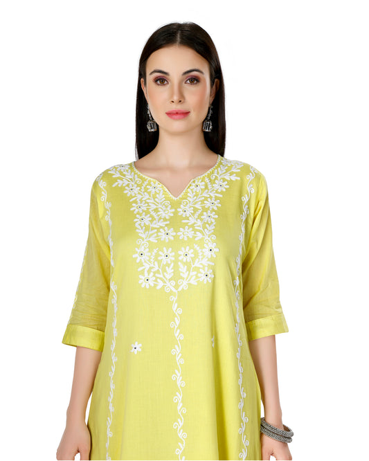 Lime Yellow Embroidered Chikankari Pure Cotton Flared Kurta