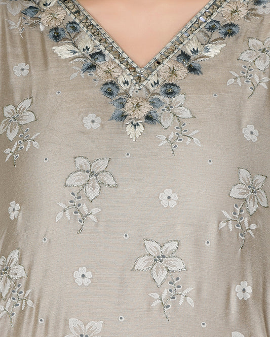 Chanderi Silk V-Neck Floral Yoke Design Kurta