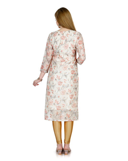 Floral Printed Chanderi Silk V-Neck Side Slit Kurta