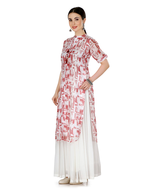 Chanderi Silk Abstract Printed Kurta in Rust with Tassel Detail