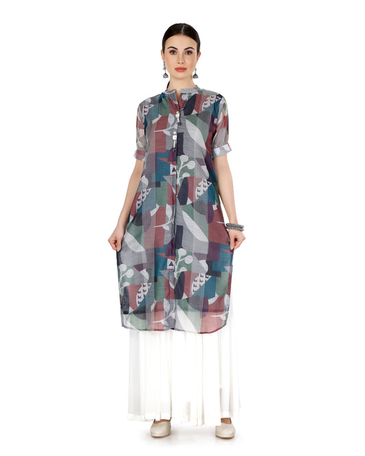 Multicolor Chanderi Silk Abstract Printed Kurta with Tassel Details