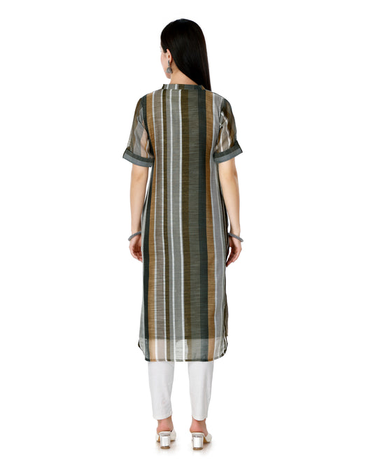 Multi-Brown Chanderi Silk Striped Kurta with Tassel Detailing