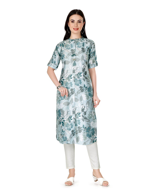 Blue Floral Printed Calf Length Kurta
