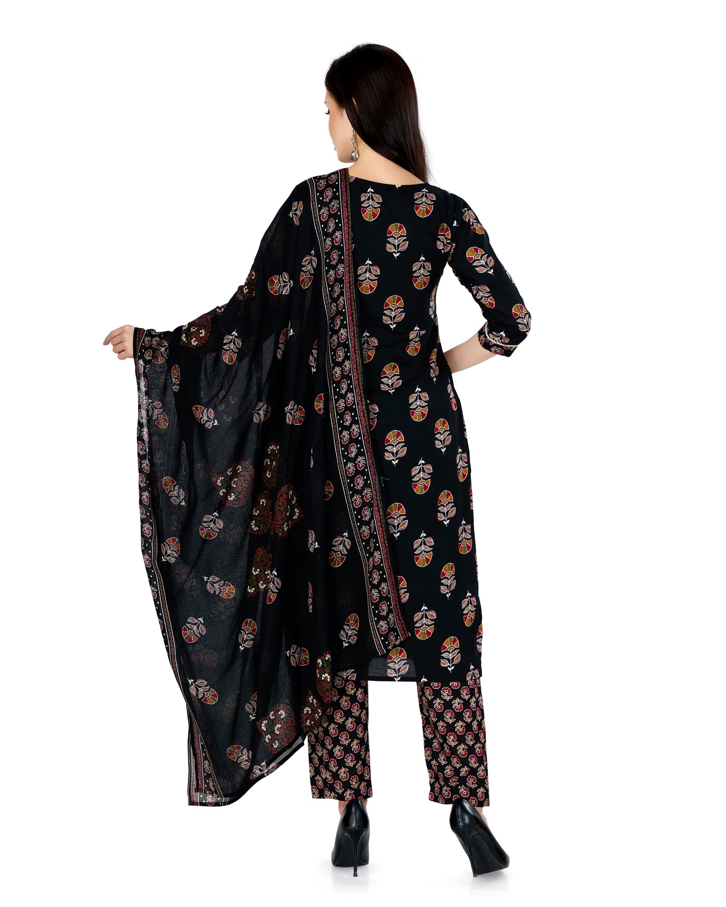 Black Ethnic Motif Printed V-Neck Kurta Set with Dupatta