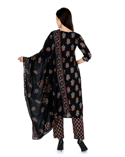 Black Ethnic Motif Printed V-Neck Kurta Set with Dupatta