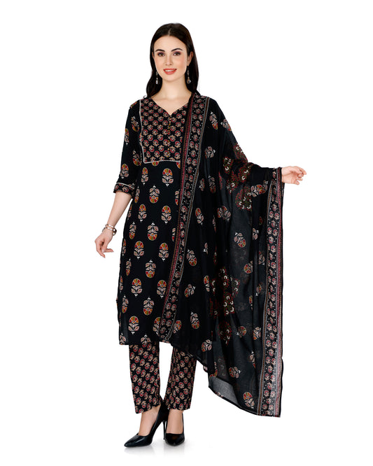 Black Ethnic Motif Printed V-Neck Kurta Set with Dupatta