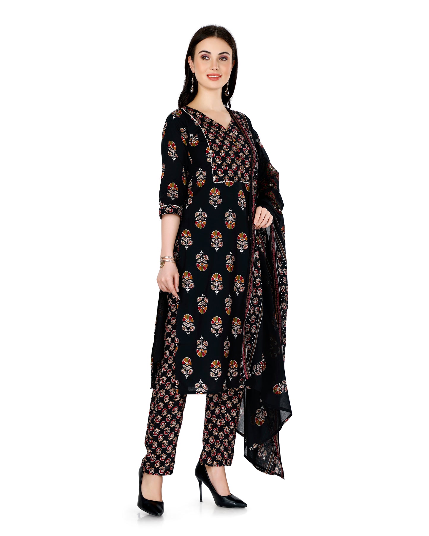 Black Ethnic Motif Printed V-Neck Kurta Set with Dupatta