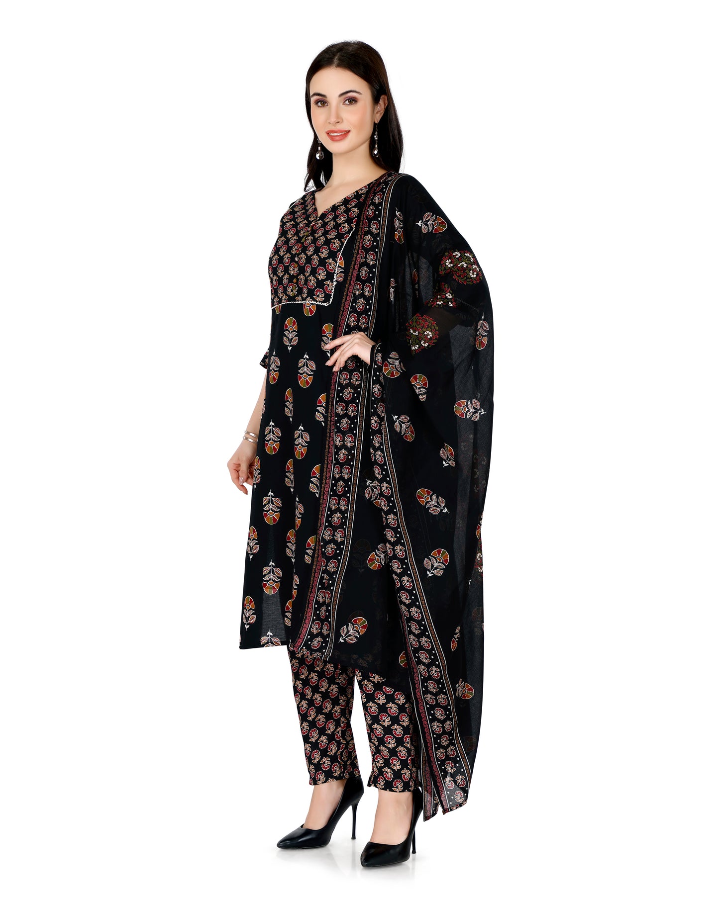 Black Ethnic Motif Printed V-Neck Kurta Set with Dupatta