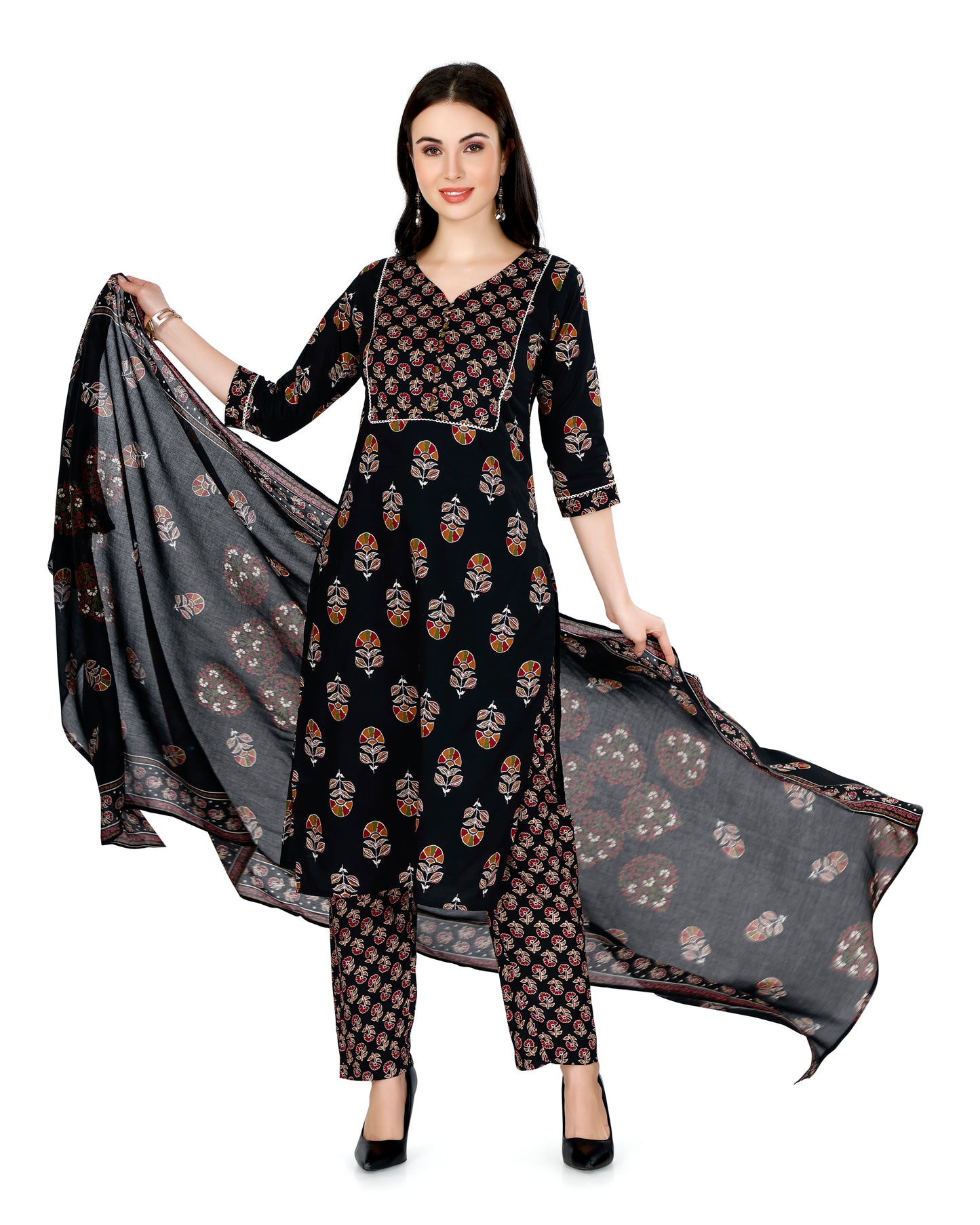 Black Ethnic Motif Printed V-Neck Kurta Set with Dupatta