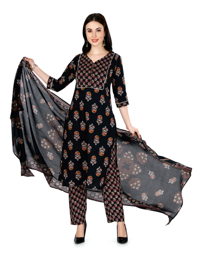 Black Ethnic Motif Printed V-Neck Kurta Set with Dupatta