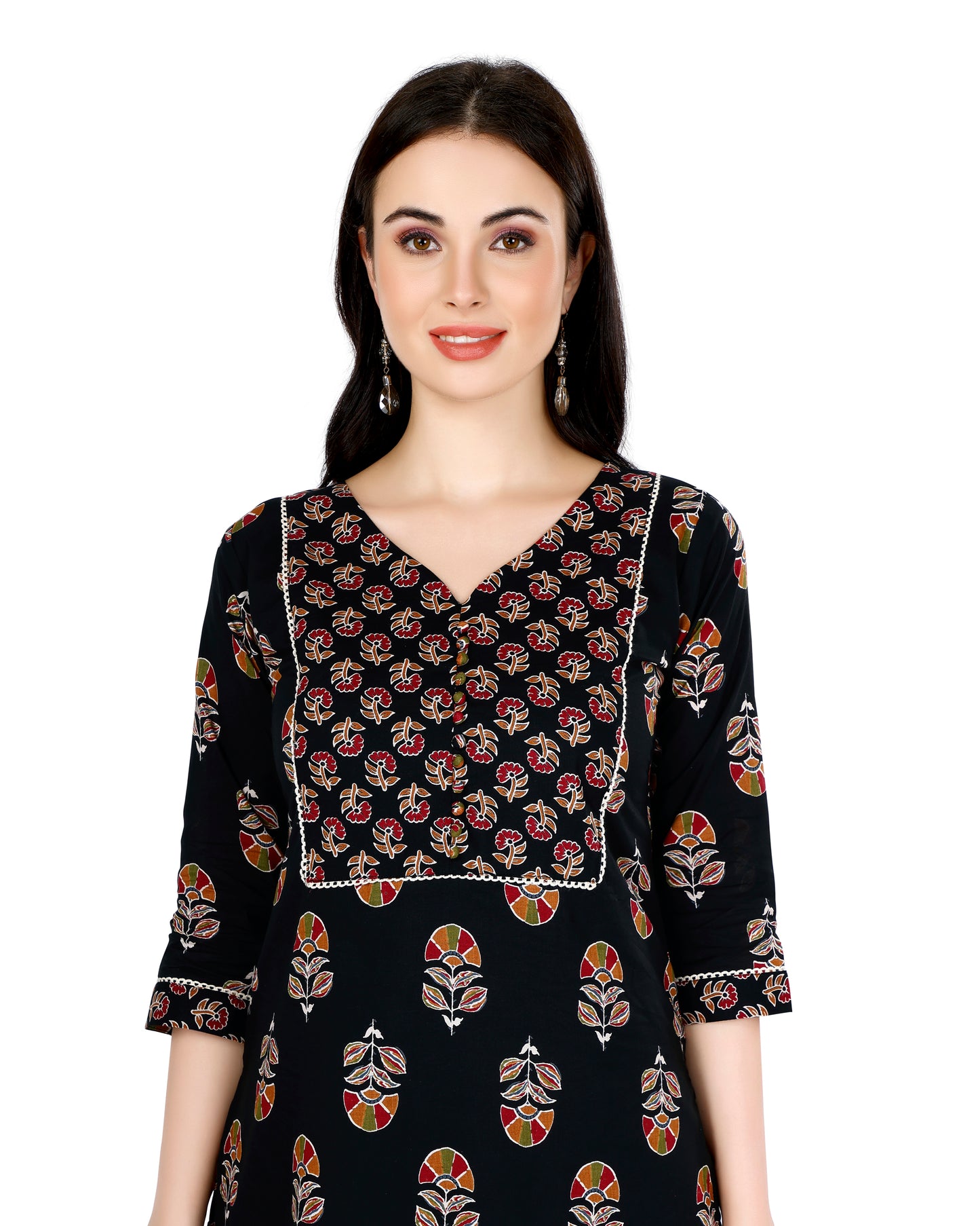 Black Ethnic Motif Printed V-Neck Kurta Set with Dupatta