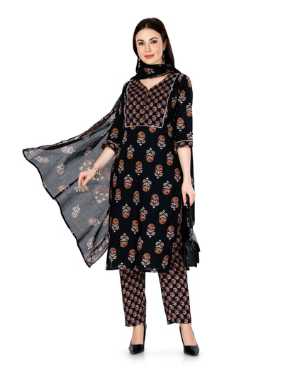 Black Ethnic Motif Printed V-Neck Kurta Set with Dupatta