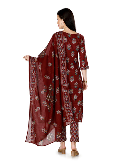 Maroon Ethnic Motif Printed V-Neck Kurta Set with Dupatta | Floral Design | Straight Fit Pants