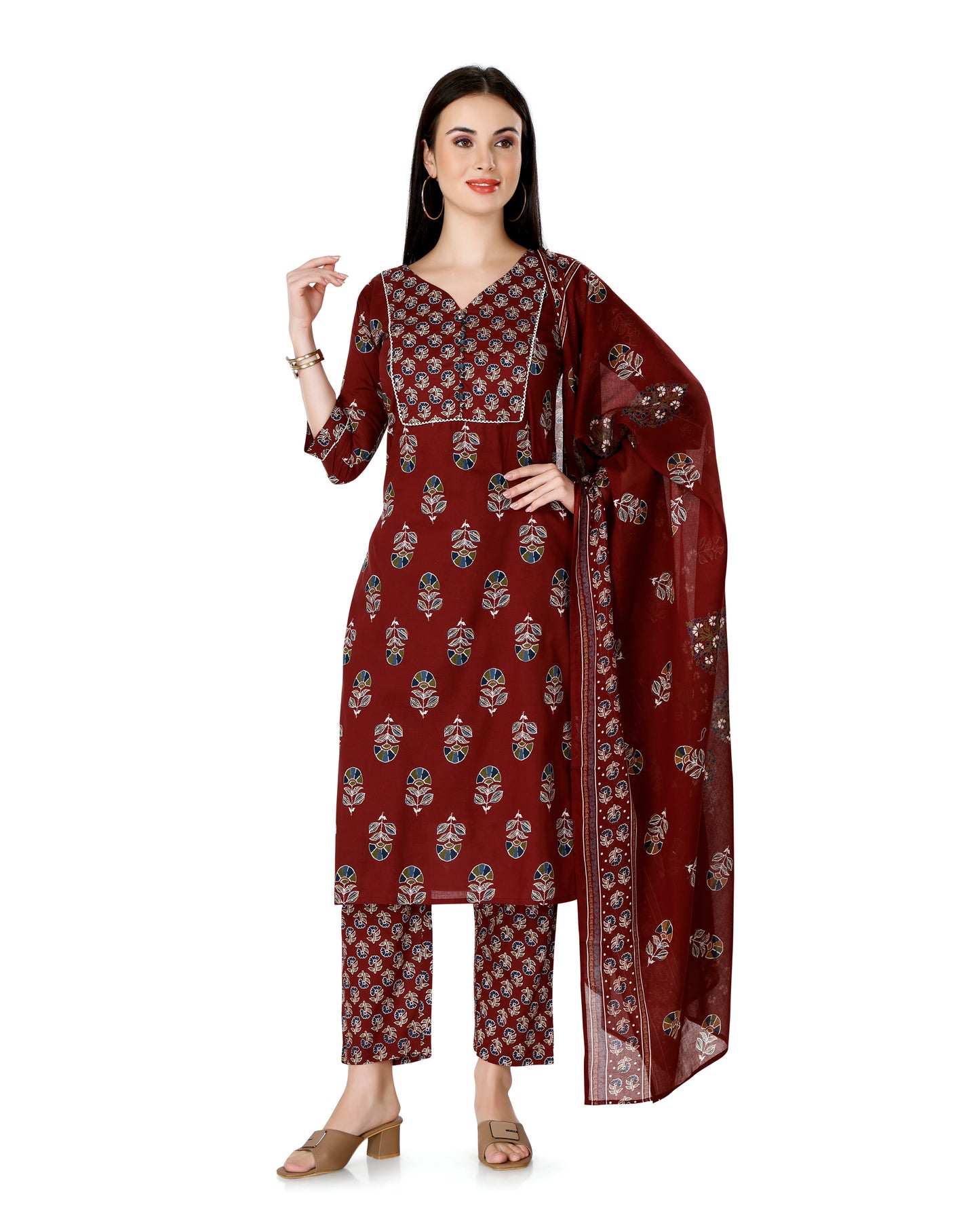 Maroon Ethnic Motif Printed V-Neck Kurta Set with Dupatta | Floral Design | Straight Fit Pants