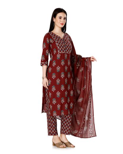 Maroon Ethnic Motif Printed V-Neck Kurta Set with Dupatta | Floral Design | Straight Fit Pants