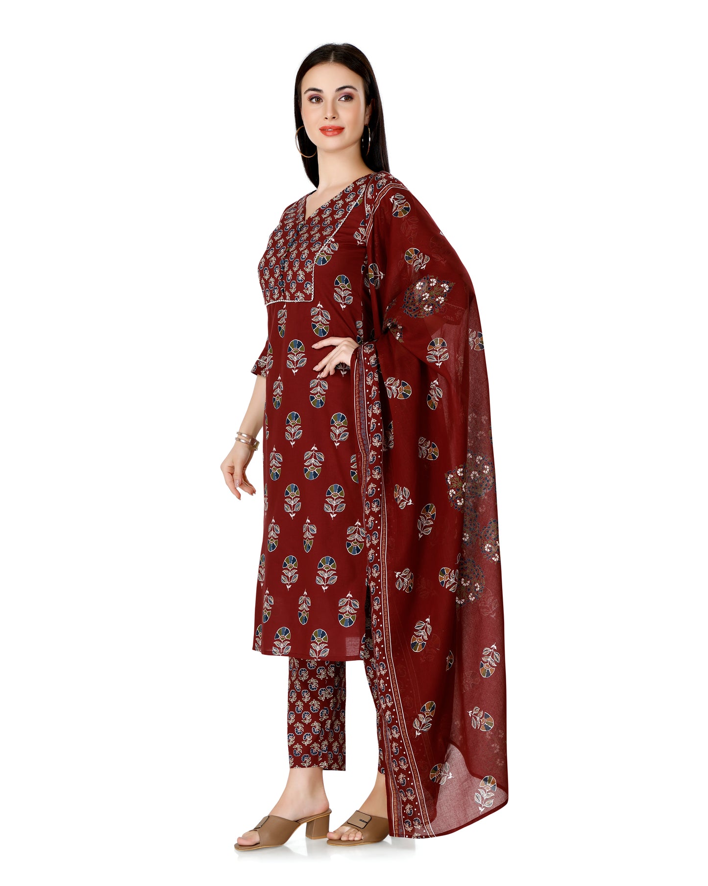 Maroon Ethnic Motif Printed V-Neck Kurta Set with Dupatta | Floral Design | Straight Fit Pants