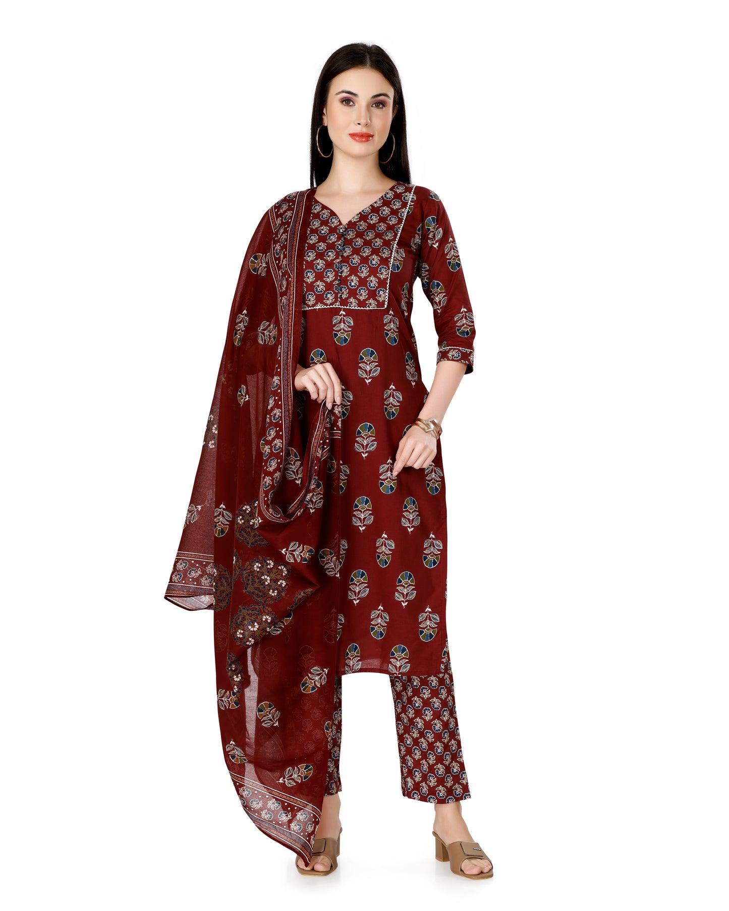 Maroon Ethnic Motif Printed V-Neck Kurta Set with Dupatta | Floral Design | Straight Fit Pants