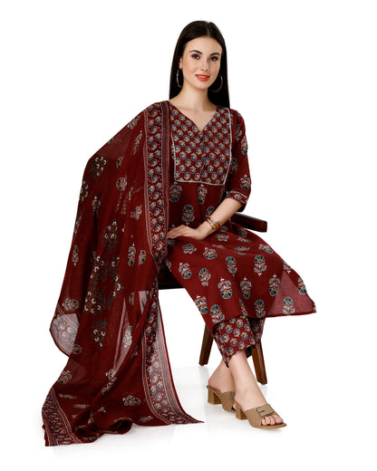 Maroon Ethnic Motif Printed V-Neck Kurta Set with Dupatta | Floral Design | Straight Fit Pants