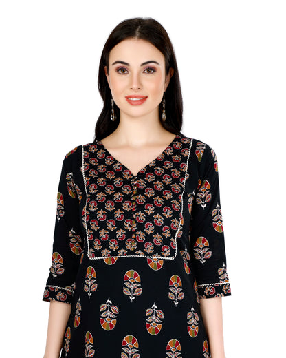 Black Ethnic Motif Printed V-Neck Kurta Set with Dupatta