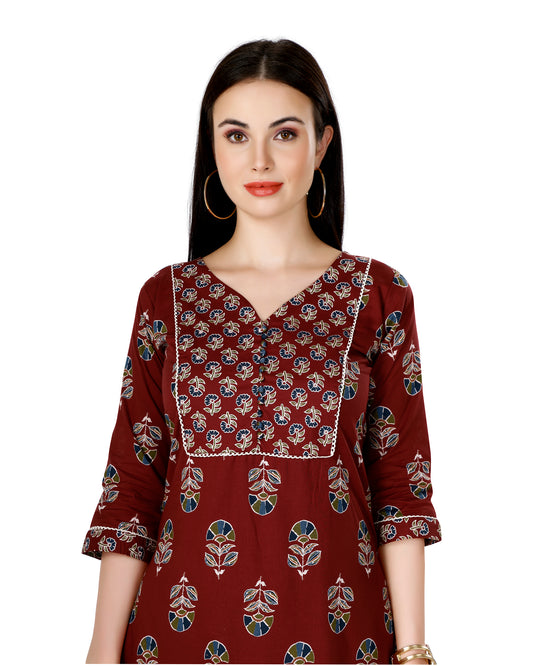 Maroon Ethnic Motif Printed V-Neck Kurta Set with Dupatta | Floral Design | Straight Fit Pants