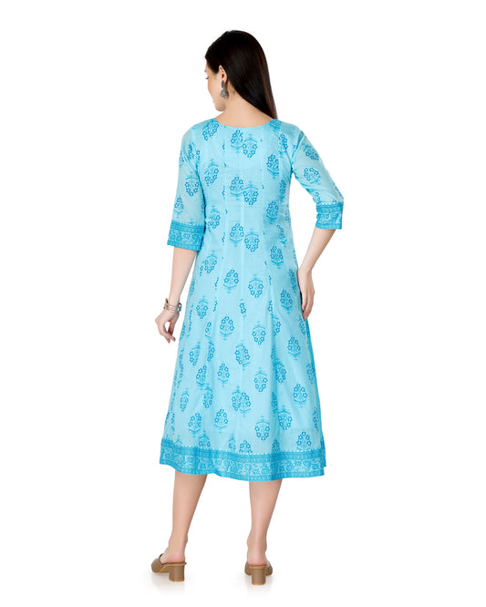 Floral Printed Scoop Neck Flared Cotton Kurta