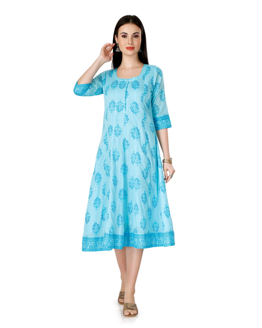 Floral Printed Scoop Neck Flared Cotton Kurta