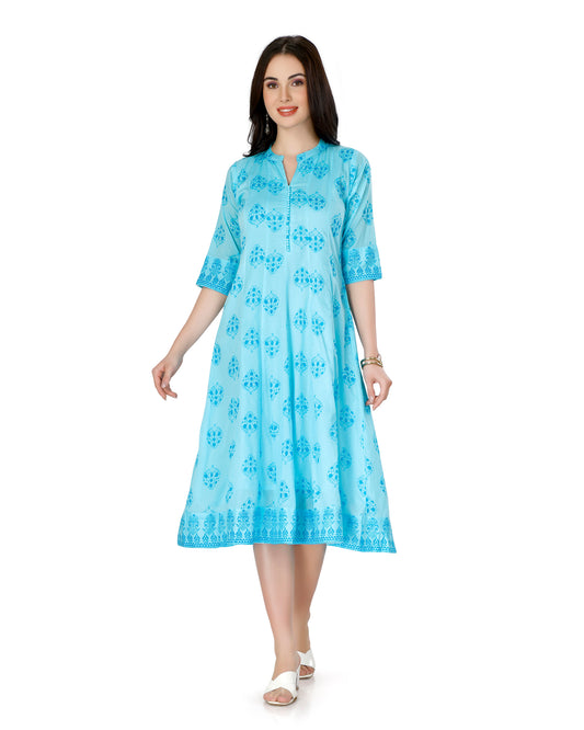 Floral Printed V-Neck Pure Cotton Flared Kurta