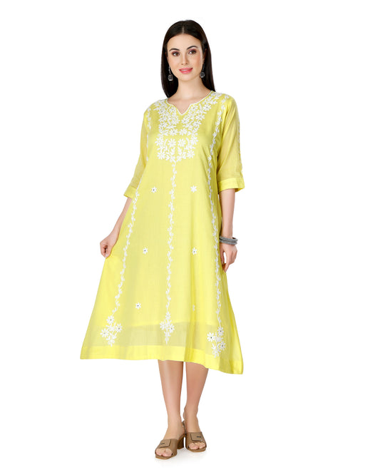 Lime Yellow Embroidered Chikankari Pure Cotton Flared Kurta