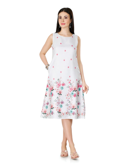 Off White Floral Printed A-Line Sleeveless Kurta