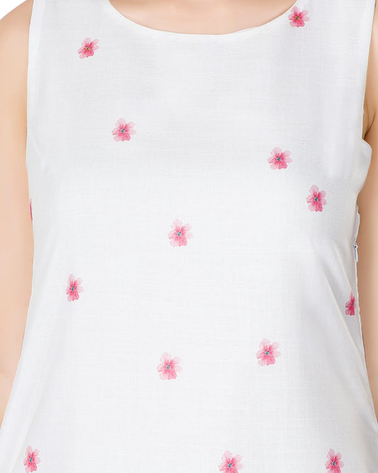 Off White Floral Printed A-Line Sleeveless Kurta