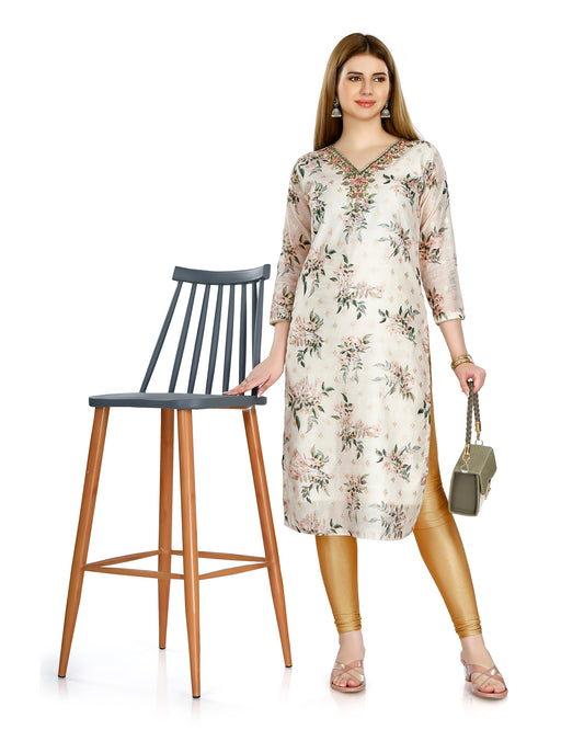 Pastel Cream Chanderi Silk Floral Printed Kurta with V-Neck Yoke Design