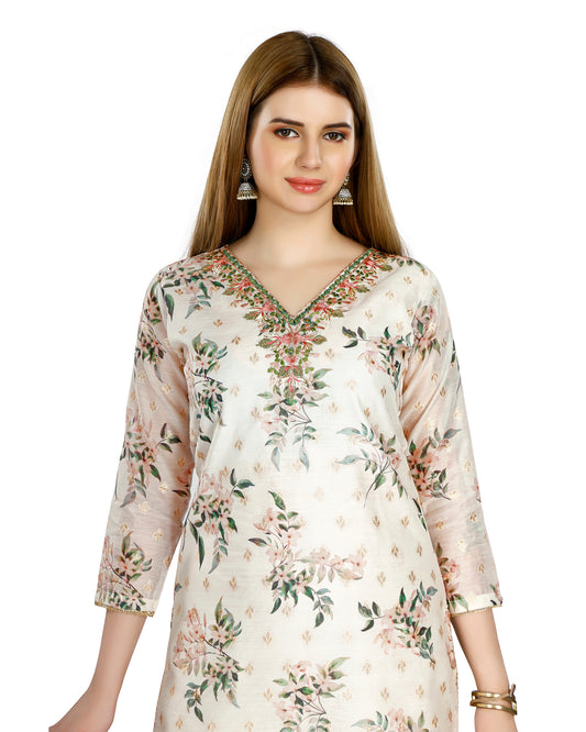 Pastel Cream Chanderi Silk Floral Printed Kurta with V-Neck Yoke Design