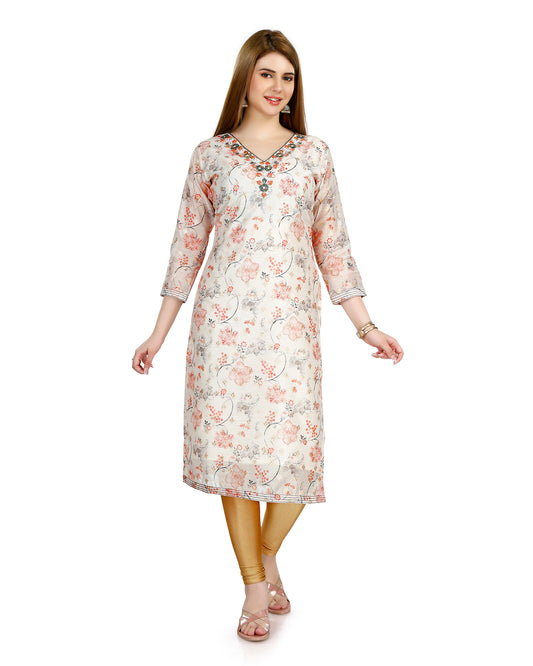 Floral Printed Chanderi Silk V-Neck Side Slit Kurta