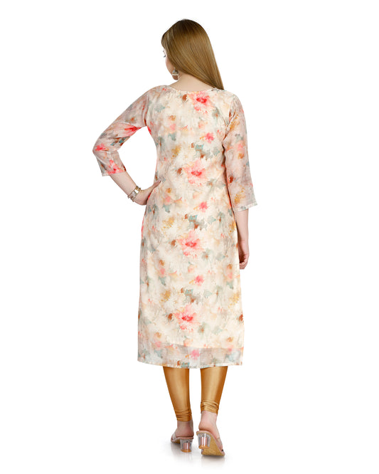Chanderi Silk Floral Printed V-Neck Kurta