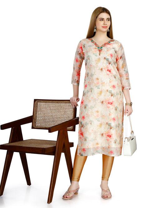 Chanderi Silk Floral Printed V-Neck Kurta