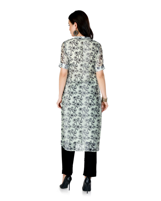 Chanderi Silk Floral Kurta in Off-White with Mandarin Collar