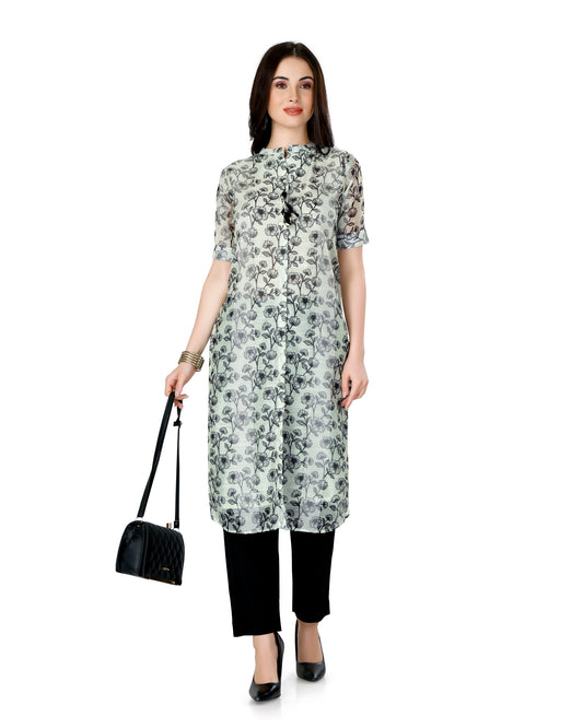 Chanderi Silk Floral Kurta in Off-White with Mandarin Collar