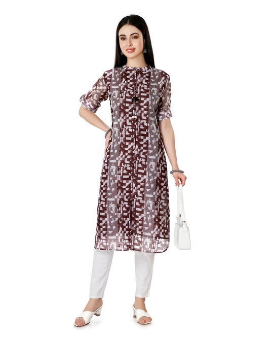 Chanderi Silk Geometric Printed Kurta with Mandarin Collar