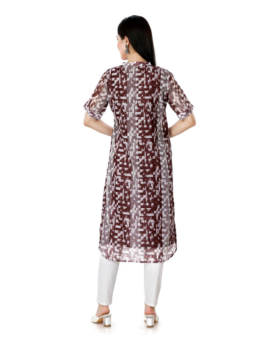 Chanderi Silk Geometric Printed Kurta with Mandarin Collar