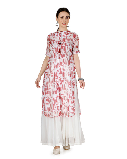 Chanderi Silk Abstract Printed Kurta in Rust with Tassel Detail