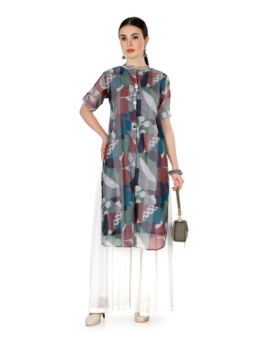 Multicolor Chanderi Silk Abstract Printed Kurta with Tassel Details