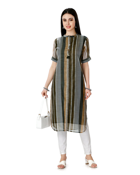 Multi-Brown Chanderi Silk Striped Kurta with Tassel Detailing